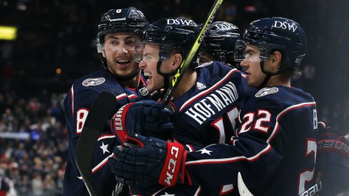 Columbus Blue Jackets centerGregory Hofmann (15) celebrates a goal against the Dallas Stars during the second period at Nationwide Arena. Mandatory Credit: 