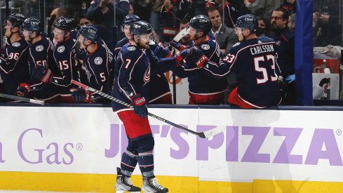 Nov 12, 2021; Columbus, Ohio, USA; Columbus Blue Jackets center Sean Kuraly (7) celebrates a goal during the second period against the Washington Capitals at Nationwide Arena.