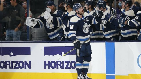 Columbus Blue Jackets' Boone Jenner celebrates his goal against the Detroit Red Wings at Nationwide Arena.