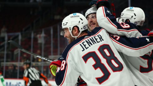 Columbus Blue Jackets center Boone Jenner celebrates his hat trick against the Arizona Coyotes in the third period at Gila River Arena.