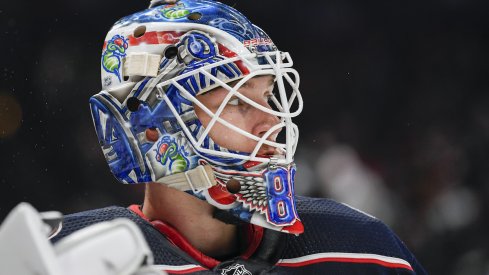 Columbus Blue Jackets goaltender Elvis Merzlikins (90) looks on in the third period against the New York Rangers at Nationwide Arena.