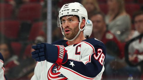 Boone Jenner celebrates one of his three goals at Arizona