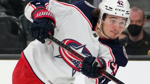 Columbus Blue Jackets' Alexandre Texier shoots his shot against the Vegas Golden Nights at T-Mobile Arena.