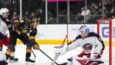 Elvis Merzlikins makes a save against the Vegas Golden Knights