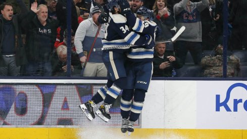 Columbus Blue Jackets right wing Yegor Chinakhov (59) celebrates a goal during the third period against the Detroit Red Wings at Nationwide Arena
