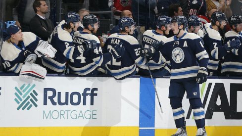 Zach Werenski celebrates his goal as the Columbus Blue Jackets shutout the Winnipeg Jets 3-0 at Nationwide Arena.