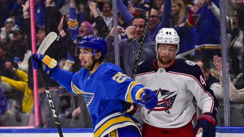 Nov 27, 2021; St. Louis, Missouri, USA; St. Louis Blues center Jordan Kyrou (25) reacts after scoring against the Columbus Blue Jackets during the third period at Enterprise Center.