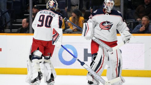 Elvis Merzlikins is pulled for Joonas Korpisalo in the first period of the Columbus Blue Jackets' game against the Nashville Predators at Bridgestone Arena.