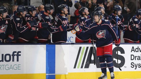 Dec 5, 2021; Columbus, Ohio, USA; Columbus Blue Jackets defenseman Adam Boqvist (27) celebrates a goal against the San Jose Sharks during the first period at Nationwide Arena.