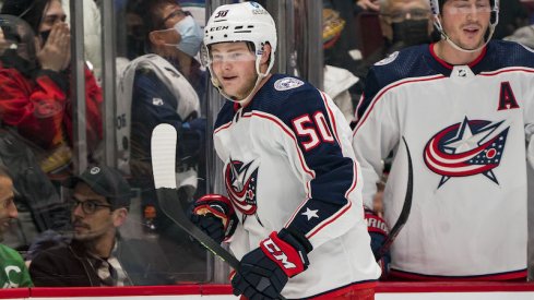 Columbus Blue Jackets' forward Eric Robinson celebrates his second goal of the first period against the Vancouver Canucks at Rogers Arena.