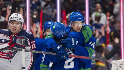 The Vancouver Canucks celebrate a goal against the Columbus Blue Jackets