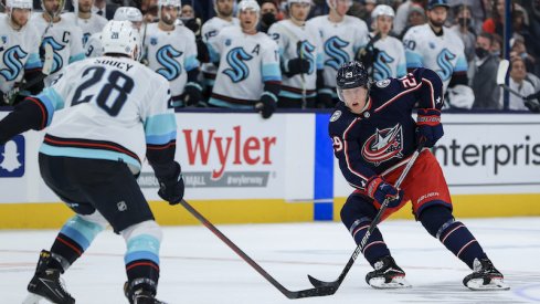 Columbus Blue Jackets' Patrik Laine skates with the puck in overtime against the Seattle Kraken at Nationwide Arena in Columbus, Ohio.