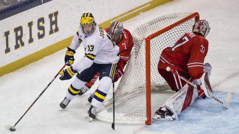 Kent Johnson plays the puck for the Michigan Wolverines against the Ohio State Buckeyes at the Big 10 Hockey Tournament.