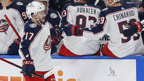 Columbus Blue Jackets' Justin Danforth celebrates his third period goal against the Edmonton Oilers at Rogers Place.