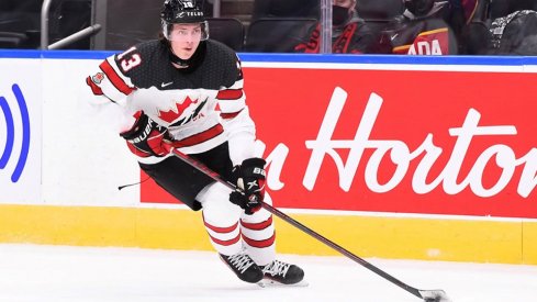 Kent Johnson skates for Team Canada at the IIHF World Junior Championship