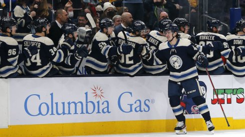 Alexandre Texier celebrates his third period goal against the Nashville Predators on Thursday at Nationwide Arena.