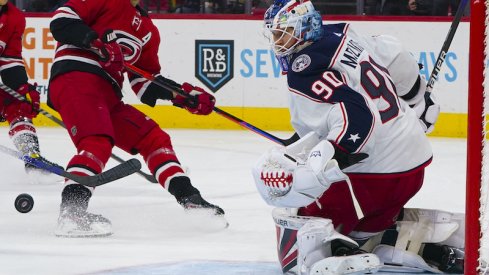 Columbus Blue Jackets' Elvis Merzlikins against the Carolina Hurricanes at PNC Arena.