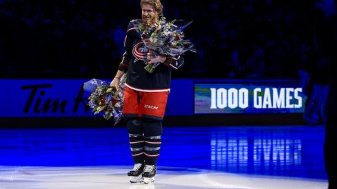 Columbus Blue Jackets right wing Jakub Voracek is celebrated for his 1000 career games ahead of the game against the New Jersey Devils at Nationwide Arena.