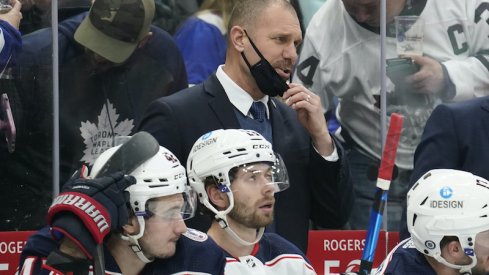 Columbus Blue Jackets head coach Brad Larsen looks on against the Toronto Maple Leafs at Scotiabank Arena.