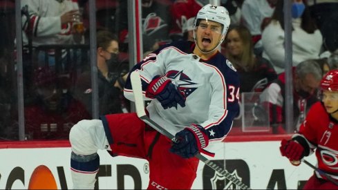 Cole Sillinger celebrates a goal in the Blue Jackets 6-0 win over the Carolina Hurricanes on January 13th. 