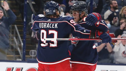 Jan 31, 2022; Columbus, Ohio, USA; Columbus Blue Jackets right wing Patrik Laine (29) celebrates a goal against the Florida Panthers during the second period at Nationwide Arena.