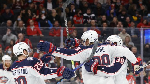 Columbus Blue Jackets' Patrik Laine celebrates a goal in the second period against the Washington Capitals.