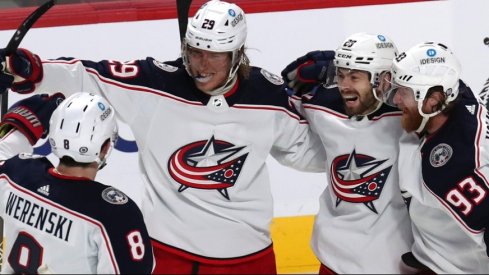 The Columbus Blue Jackets' power play unit celebrates Patrik Laine's game-winning goal in the final seconds of a 2-1 victory over the Montreal Canadiens.