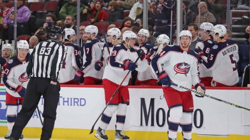 Feb 17, 2022; Chicago, Illinois, USA; Columbus Blue Jackets left wing Patrik Laine (29) is congratulated for scoring a goal during the second period against the Chicago Blackhawks at the United Center.