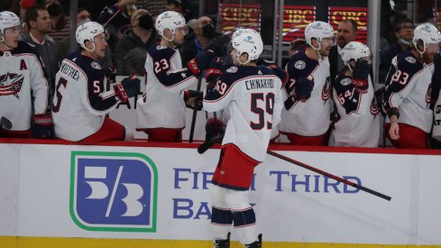 Columbus Blue Jackets' Yegor Chinakhov celebrates his first period goal against the Chicago Blackhawks.