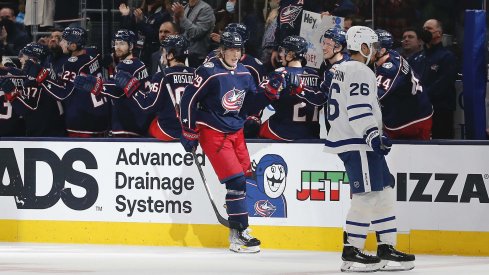 Feb 22, 2022; Columbus, Ohio, USA; Columbus Blue Jackets right wing Patrik Laine (29) celebrates a goal against the Toronto Maple Leafs during the second period at Nationwide Arena.