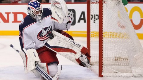 Columbus Blue Jackets' J-F Berube makes a save against the Florida Panthers at FLA Live Arena.