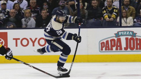 Feb 26, 2019; Columbus, OH, USA; Columbus Blue Jackets right wing Oliver Bjorkstrand (28) wrists a shot on goal against the Pittsburgh Penguins during the second period at Nationwide Arena.