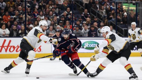 Columbus Blue Jackets' Oliver Bjorkstrand on the ice against the Vegas Golden Knights at Nationwide Arena.