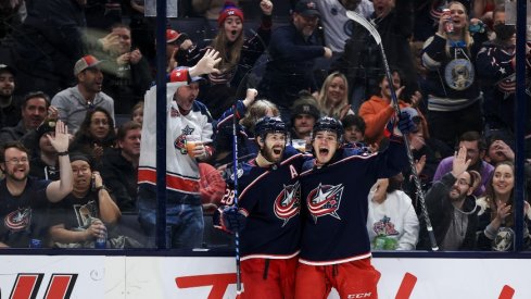Oliver Bjorkstrand and Cole Sillinger celebrate one of the half dozen goals the Columbus Blue Jackets had in Sunday's win over the Vegas Golden Knights.