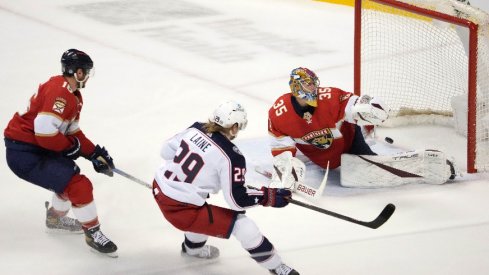 Columbus Blue Jackets left wing Patrik Laine scores a goal on Florida Panthers goaltender Jonas Johansson during the first period at FLA Live Arena.