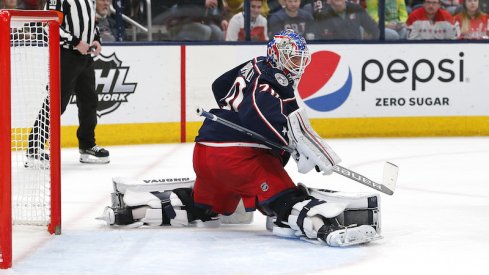 Columbus Blue Jackets' Joonas Korpisalo makes a save against the Washington Capitals.