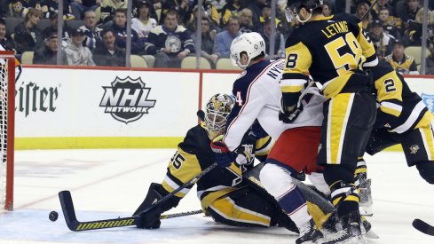 Columbus Blue Jackets' Gus Nyquist pokes through his 16th goal of the season against the Pittsburgh Penguins in the first period at PPG Paints Arena.