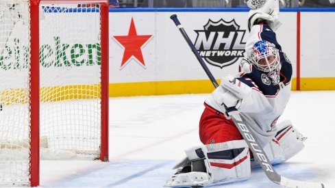 Columbus Blue Jackets goaltender Joonas Korpisalo is unable to stop the shot by New York Islanders center Jean-Gabriel Pageau (not pictured) during the second period at UBS Arena.