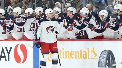 Columbus Blue Jackets forward Brendan Gaunce (23) is congratulated by his team mates on his goal against the Winnipeg Jets during the second period at Canada Life Centre. 