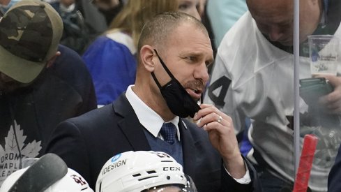 Columbus Blue Jackets head coach Brad Larsen instructs his team during a game at Scotiabank Arena against the Toronto Maple Leafs.