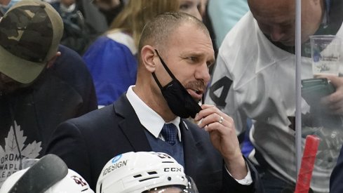 Columbus Blue Jackets head coach Brad Larsen instructs his team during a game at Scotiabank Arena against the Toronto Maple Leafs.