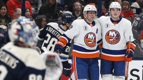 The New York Islanders celebrate a first period goal against the Columbus Blue Jackets at Nationwide Arena.