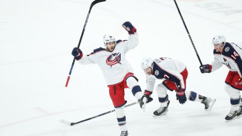 Columbus Blue Jackets forward Oliver Bjorkstrand celebrates his goal against the Winnipeg Jets during the third period at Canada Life Centre.