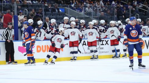 Columbus Blue Jackets' Emil Bemstrom celebrates his second period goal against the New York Islanders at UBS Arena.