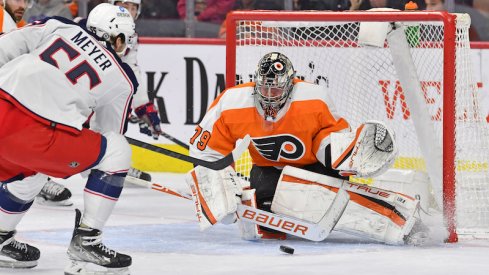 Columbus Blue Jackets' Carson Meyer scores his first career goal past Philadelphia Flyers' Carter Hart in the first period at Wells Fargo Center.