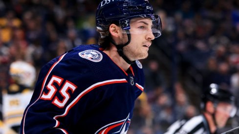 Columbus Blue Jackets right wing Carson Meyer skates against the Boston Bruins in the first period at Nationwide Arena.