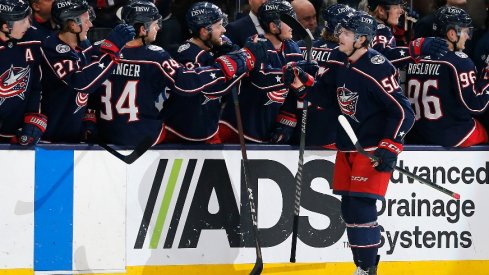 Apr 7, 2022; Columbus, Ohio, USA; Columbus Blue Jackets left wing Eric Robinson (50) celebrates a goal against the Philadelphia Flyers during the first period at Nationwide Arena.
