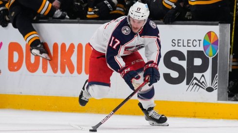 Justin Danforth skates with the puck against the Boston Bruins at TD Garden.