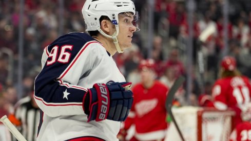 Columbus Blue Jackets' Jack Roslovic celebrates a goal in the third period against the Detroit Red Wings at Little Caesars Arena.