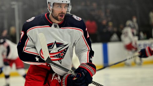 Columbus Blue Jackets' Jack Roslovic warms up against the Los Angeles Kings at Crypto.com Arena.